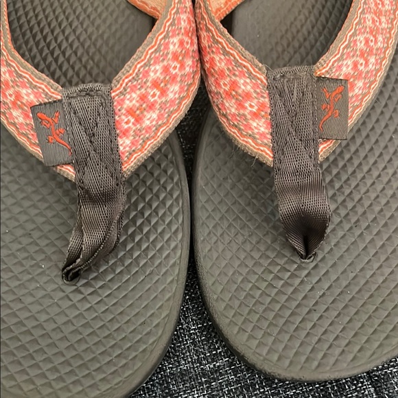 Brown and orange Chaco flip flops. - Picture 5 of 5
